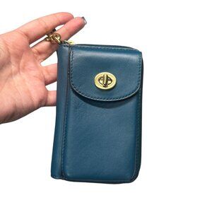 Coach Campbell Universal Zip Around Leather Turn Lock Wristlet Wallet Blue
